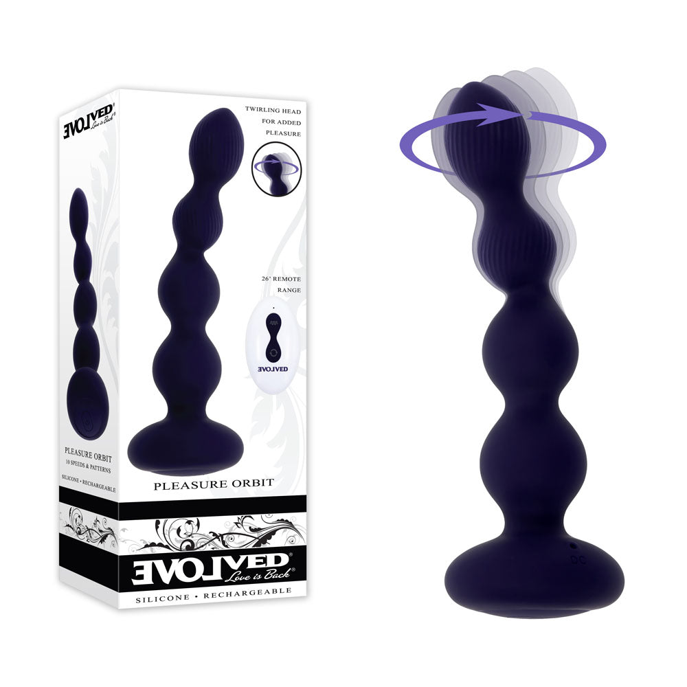 Evolved PLEASURE ORBIT - Navy Blue 17.8 cm USB Rechargeable Twirling & Vibrating Anal Beads with Remote - Just for you desires