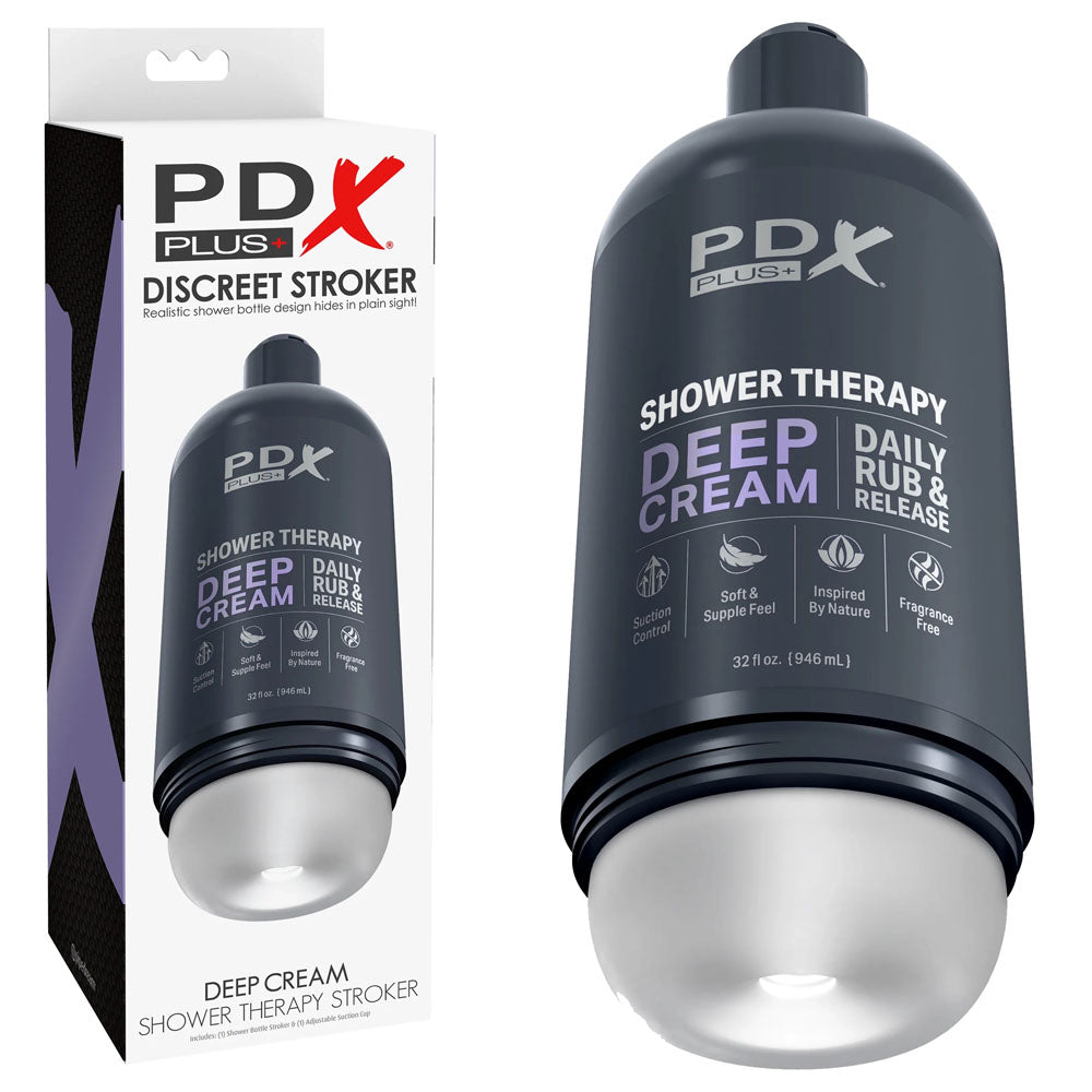 PDX Plus Shower Therapy - Deep Cream - Frosted - Clear Discreet Stroker with Suction Base - Just for you desires