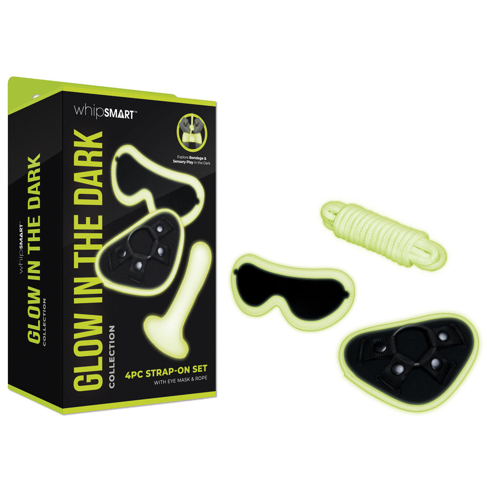 WhipSmart Glow In The Dark 4pc Strap-On Set - Glow in Dark 15.2 cm Strap-On with Eye Mask & Rope - Just for you desires
