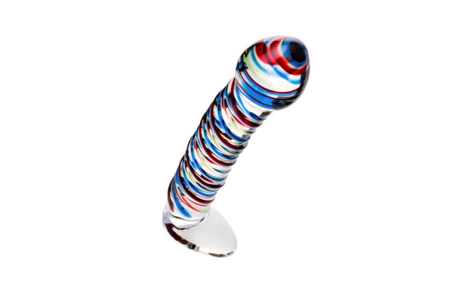 Sexus Glass Dildo Stripes w Base Blue/Red 16cm - Just for you desires