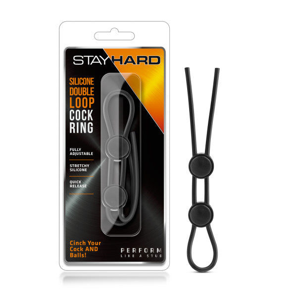 Stay Hard Silicone Double Loop Cock Ring - Black Adjustable Lasso Cock Ring - Just for you desires