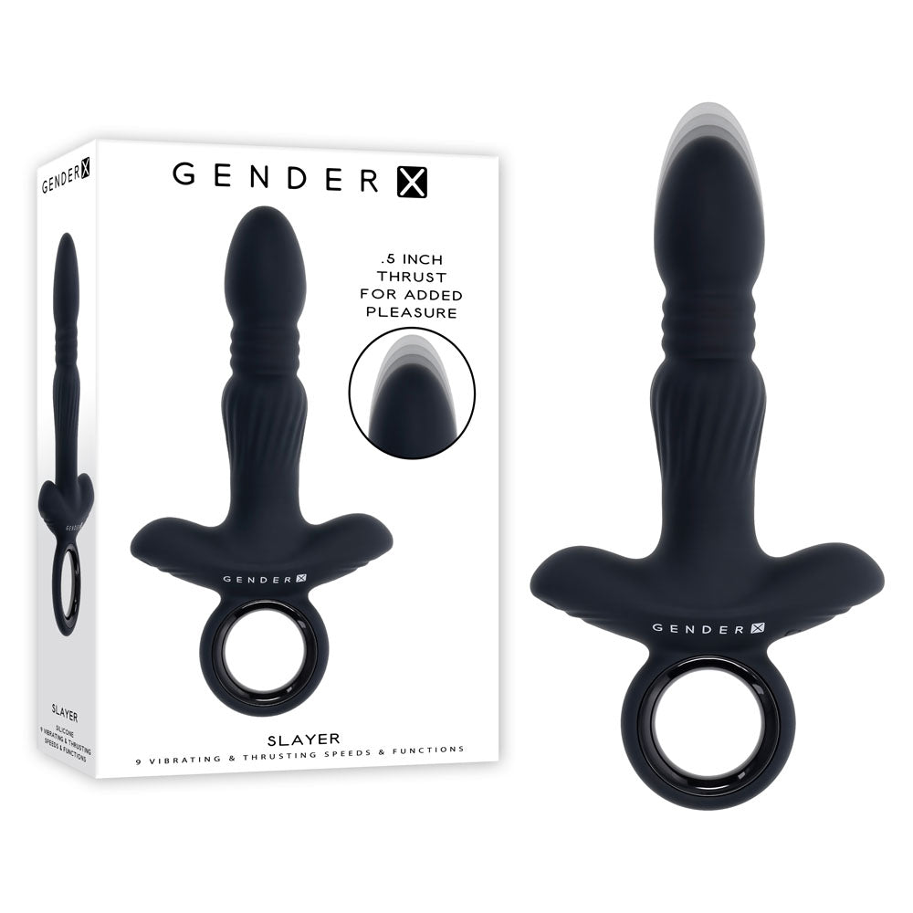 Gender X SLAYER - Black 20 cm USB Rechargeable Thrusting Vibrating Butt Plug - Just for you desires