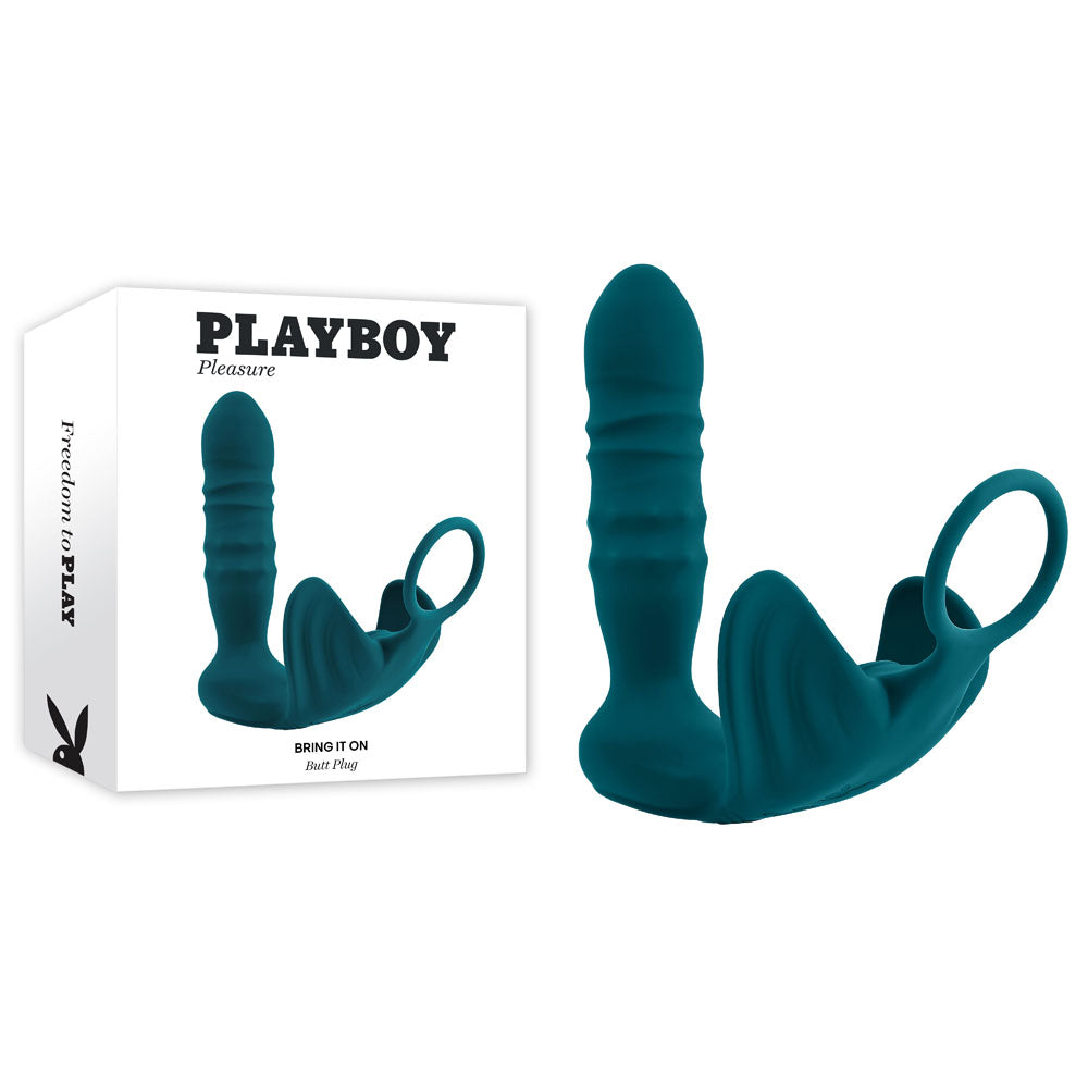 Playboy Pleasure BRING IT ON - Teal USB Rechargeable Thrusting Anal Plug with Cock Ring - Just for you desires