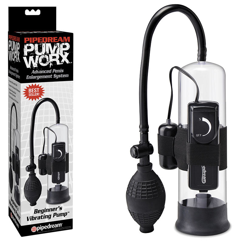 Pump Worx Beginner's Vibrating Pump - Clear/Black Vibrating Penis Pump - Just for you desires
