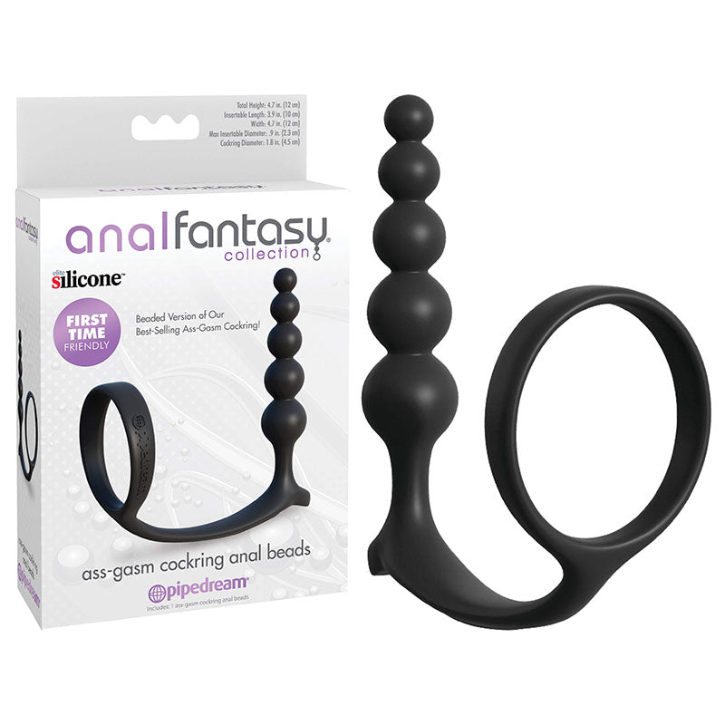Anal Fantasy Collection Ass-Gasm Cockring Anal Beads - Black Cock Ring with Anal Plug - Just for you desires