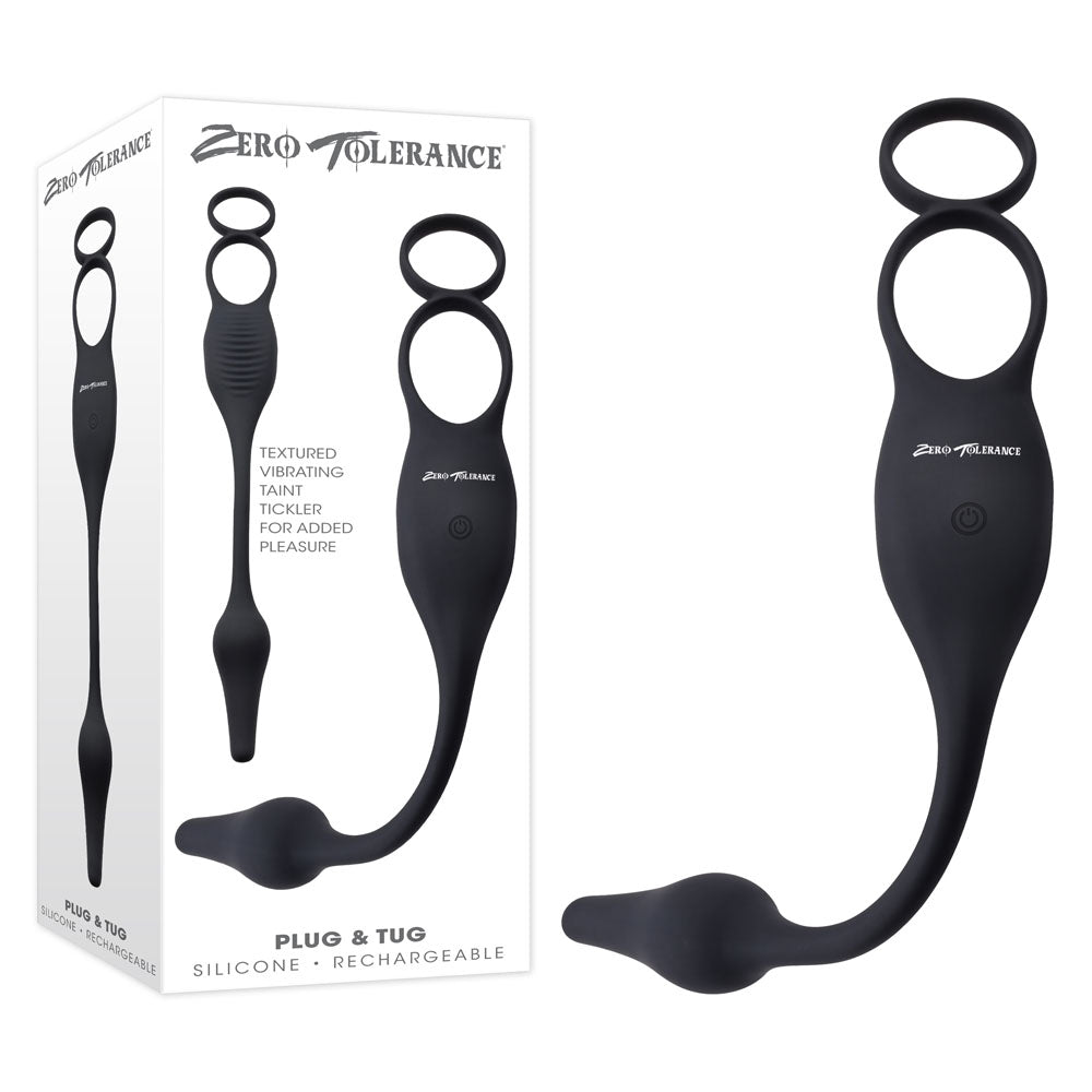 Zero Tolerance PLUG & TUG - Black USB Rechargeable Vibrating Cock Ring with Anal Plug - Just for you desires