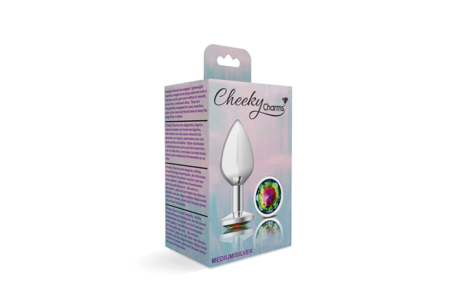 Cheeky Charms Silver Round Butt Plug w Rainbow Jewel Medium - Just for you desires