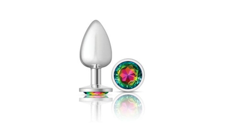 Cheeky Charms Silver Round Butt Plug w Rainbow Jewel Large - Just for you desires