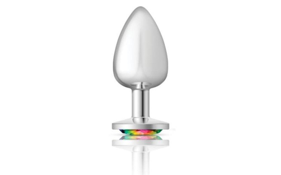 Cheeky Charms Silver Round Butt Plug w Clear Iridescent Jewel Large - Just for you desires