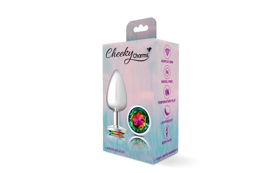 Cheeky Charms Silver Round Butt Plug w Clear Iridescent Jewel Large - Just for you desires