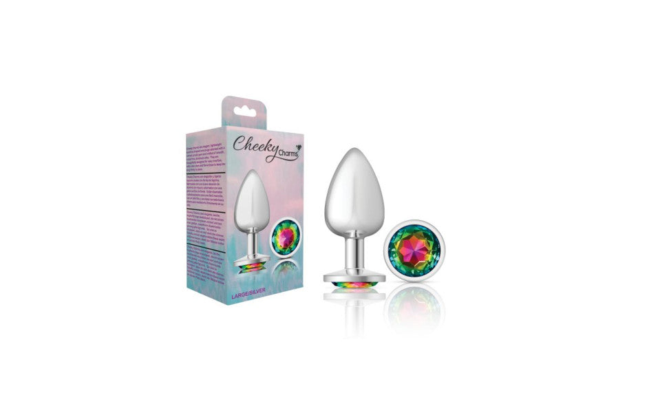 Cheeky Charms Silver Round Butt Plug w Clear Iridescent Jewel Large - Just for you desires