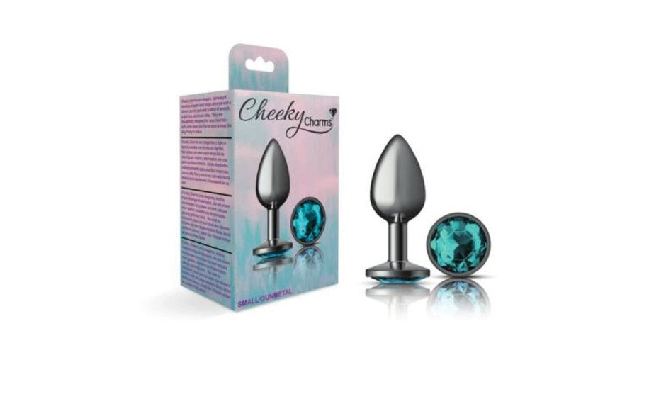 Cheeky Charms Gunmetal Round Butt Plug w Teal Jewel Small