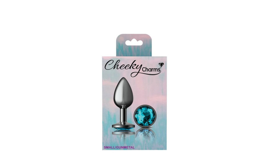 Cheeky Charms Gunmetal Round Butt Plug w Teal Jewel Small