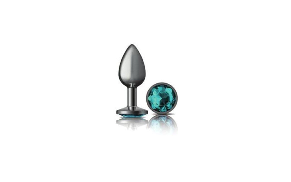 Cheeky Charms Gunmetal Round Butt Plug w Teal Jewel Small