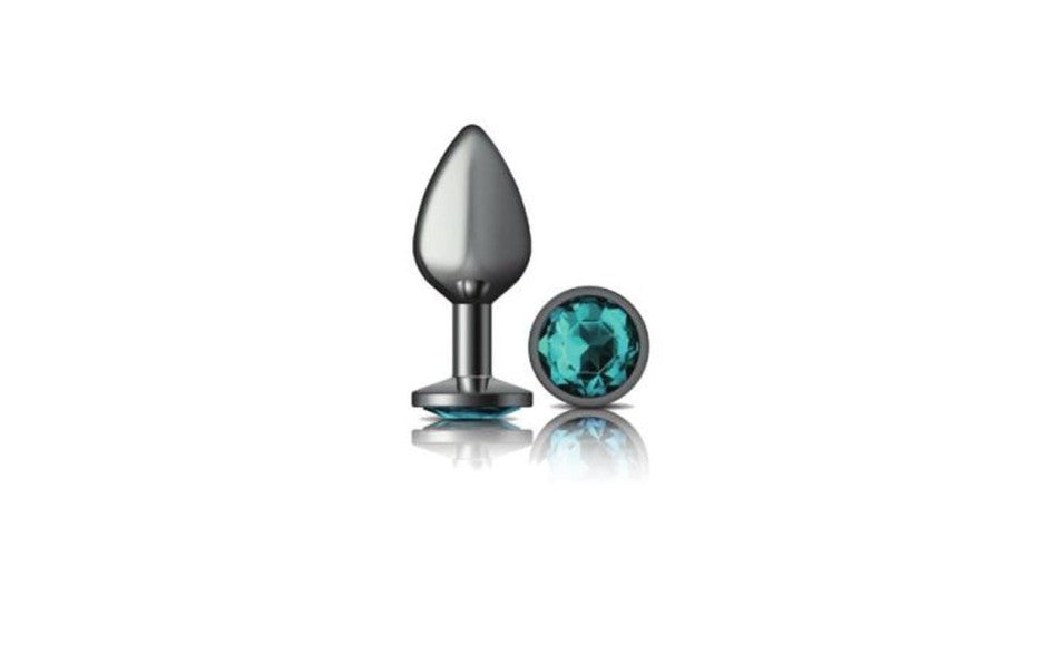 Cheeky Charms Gunmetal Round Butt Plug w Teal Jewel Medium - Just for you desires