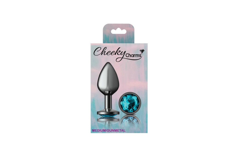 Cheeky Charms Gunmetal Round Butt Plug w Teal Jewel Medium