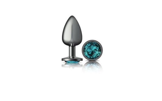 Cheeky Charms Gunmetal Round Butt Plug w Teal Jewel Large