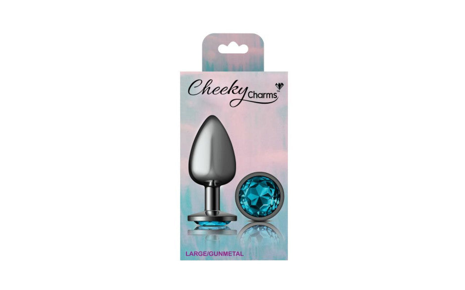Cheeky Charms Gunmetal Round Butt Plug w Teal Jewel Large - Just for you desires