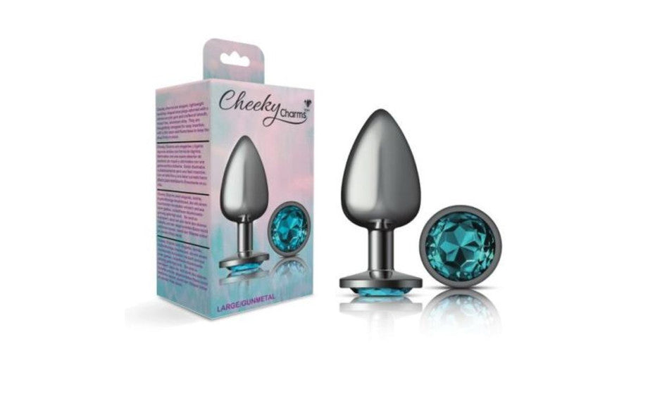 Cheeky Charms Gunmetal Round Butt Plug w Teal Jewel Large - Just for you desires