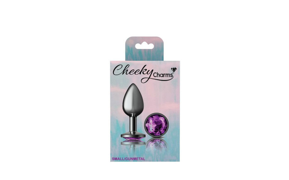 Cheeky Charms Gunmetal Round Butt Plug w Purple Jewel Small