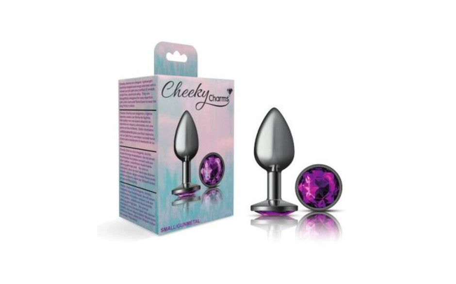 Cheeky Charms Gunmetal Round Butt Plug w Purple Jewel Small