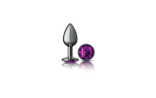 Cheeky Charms Gunmetal Round Butt Plug w Purple Jewel Small