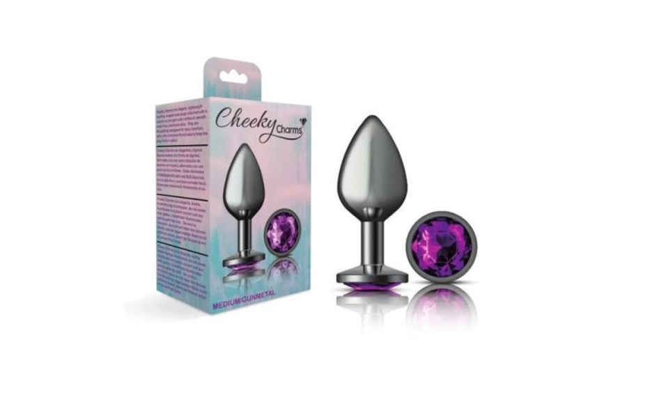Cheeky Charms Gunmetal Round Butt Plug w Purple Jewel Medium - Just for you desires