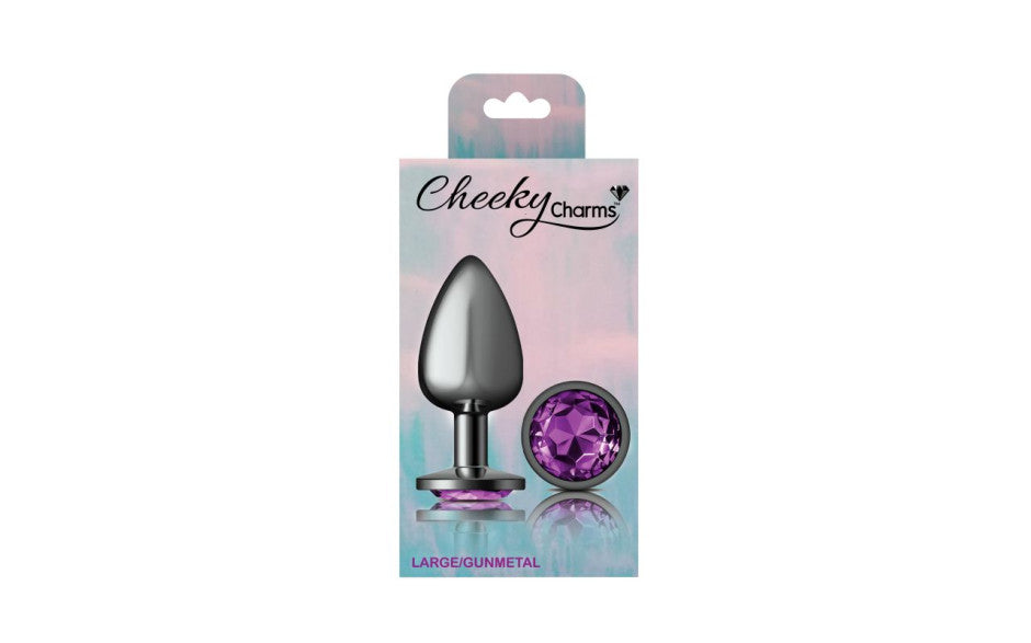 Cheeky Charms Gunmetal Round Butt Plug w Purple Jewel Large - Just for you desires