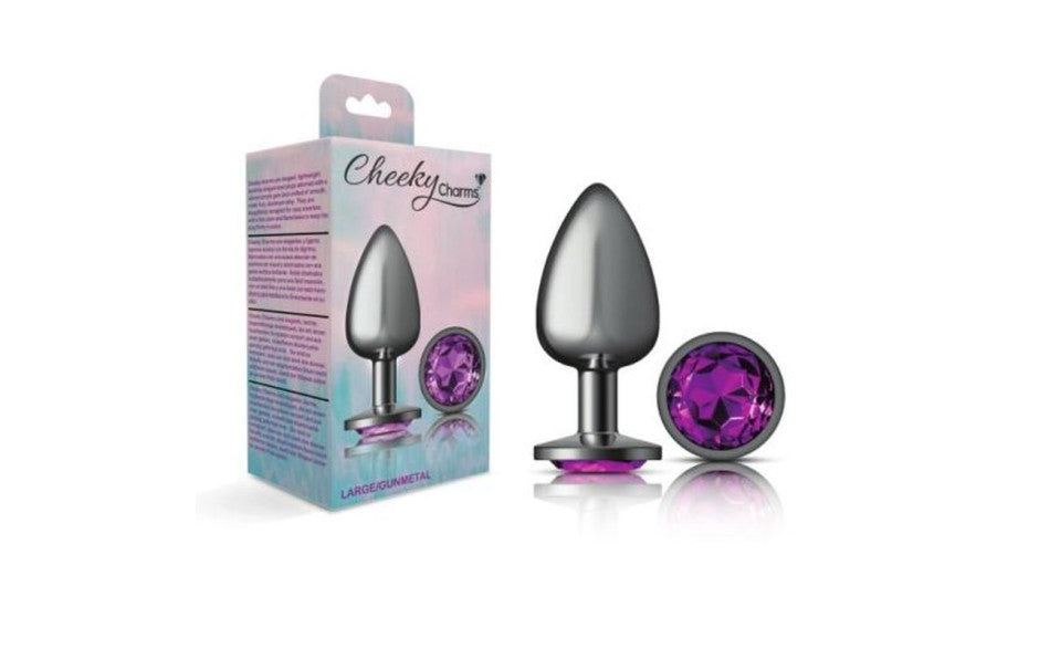 Cheeky Charms Gunmetal Round Butt Plug w Purple Jewel Large - Just for you desires