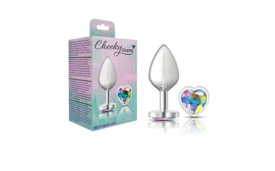 Cheeky Charms Silver Metal  Butt Plug w Heart Clear Jewel Medium - Just for you desires