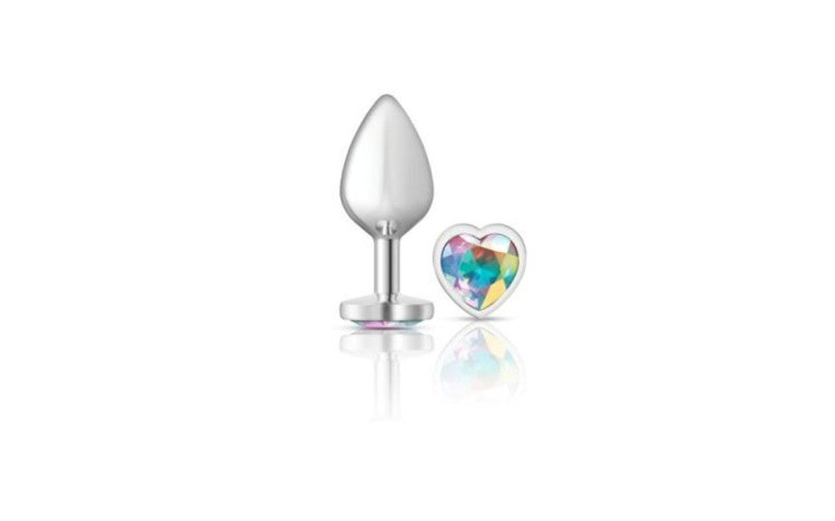 Cheeky Charms Silver Metal  Butt Plug w Heart Clear Jewel Medium - Just for you desires