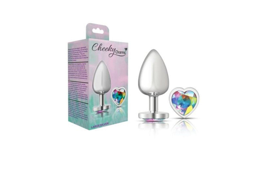 Cheeky Charms Silver Metal  Butt Plug w Heart Clear Jewel Large - Just for you desires