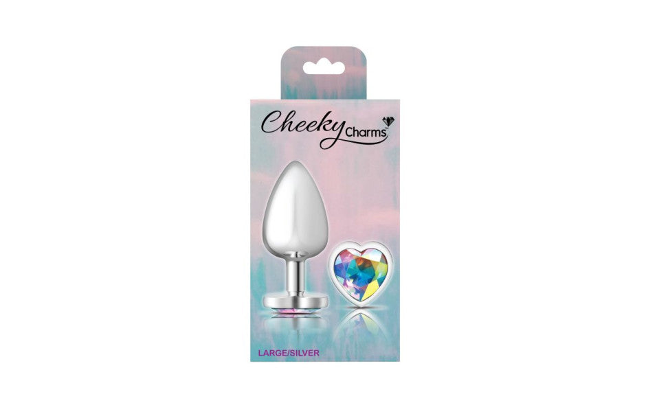 Cheeky Charms Silver Metal  Butt Plug w Heart Clear Jewel Large - Just for you desires