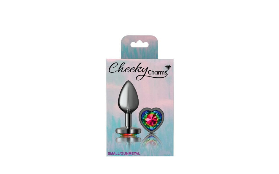 Cheeky Charms Gunmetal  Butt Plug w Heart Rainbow Jewel Small