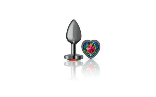 Cheeky Charms Gunmetal  Butt Plug w Heart Red Jewel Small