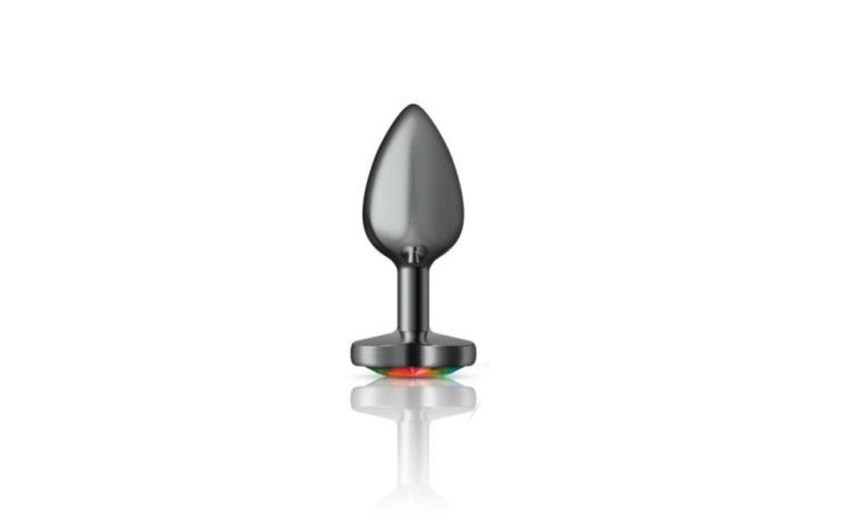 Cheeky Charms Gunmetal  Butt Plug w Heart Rainbow Jewel Small