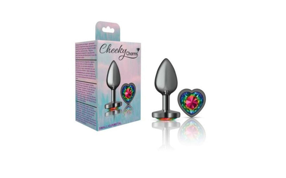 Cheeky Charms Gunmetal  Butt Plug w Heart Rainbow Jewel Small