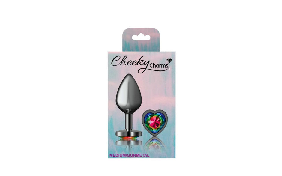 Cheeky Charms Gunmetal  Butt Plug w Heart Rainbow Jewel Medium