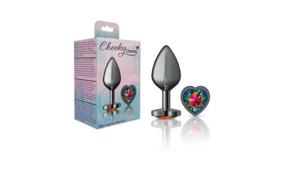 Cheeky Charms Gunmetal  Butt Plug w Heart Rainbow Jewel Medium