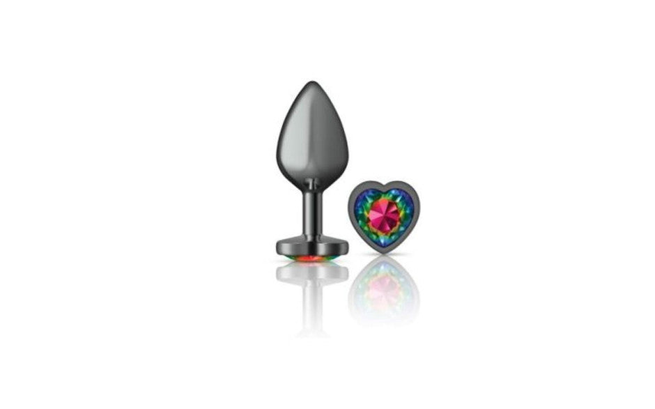 Cheeky Charms Gunmetal  Butt Plug w Heart Rainbow Jewel Medium