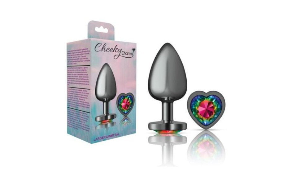 Cheeky Charms Gunmetal  Butt Plug w Heart Rainbow Jewel Large