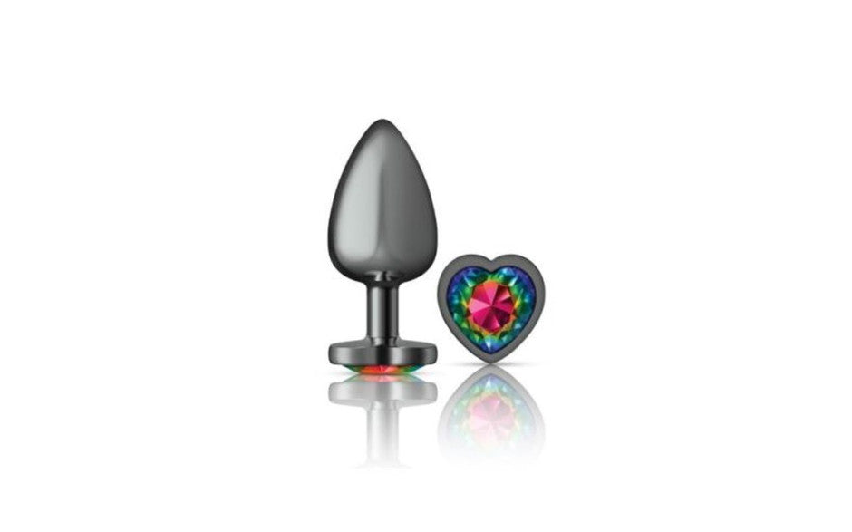 Cheeky Charms Gunmetal  Butt Plug w Heart Rainbow Jewel Large