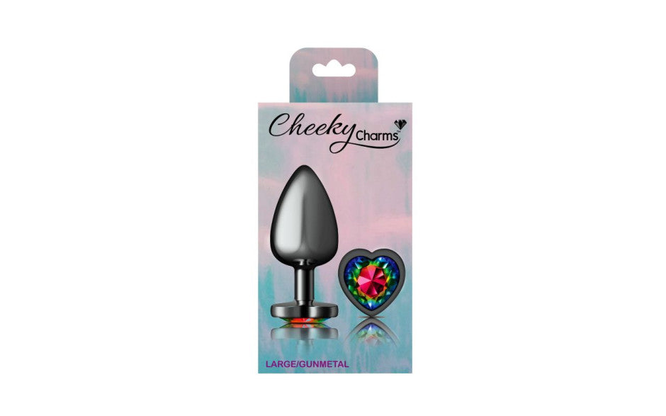 Cheeky Charms Gunmetal  Butt Plug w Heart Rainbow Jewel Large