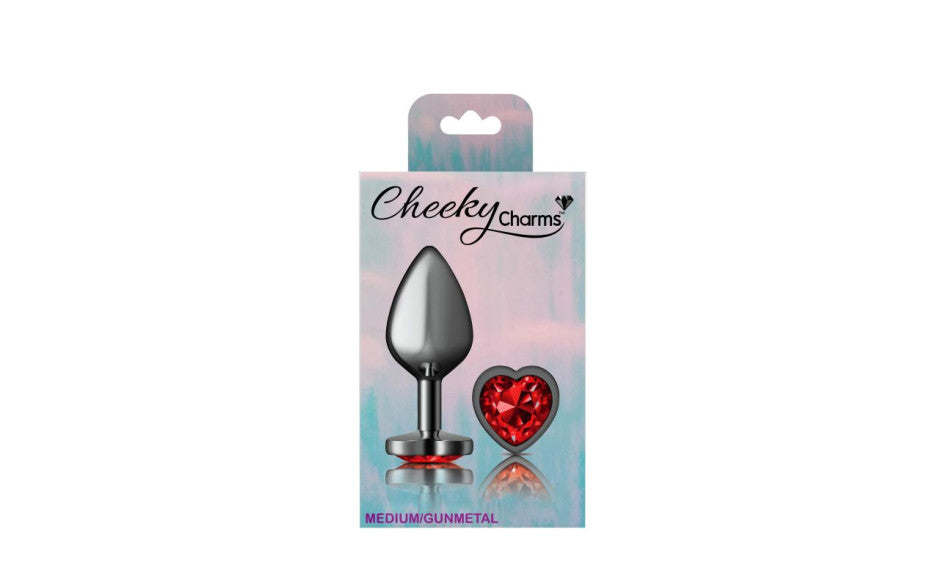 Cheeky Charms Gunmetal  Butt Plug w Heart Red Jewel Medium