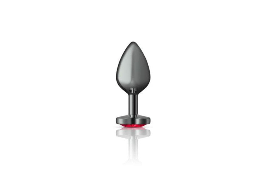 Cheeky Charms Gunmetal  Butt Plug w Heart Red Jewel Medium