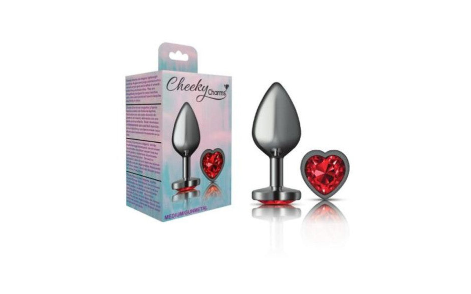 Cheeky Charms Gunmetal  Butt Plug w Heart Red Jewel Medium