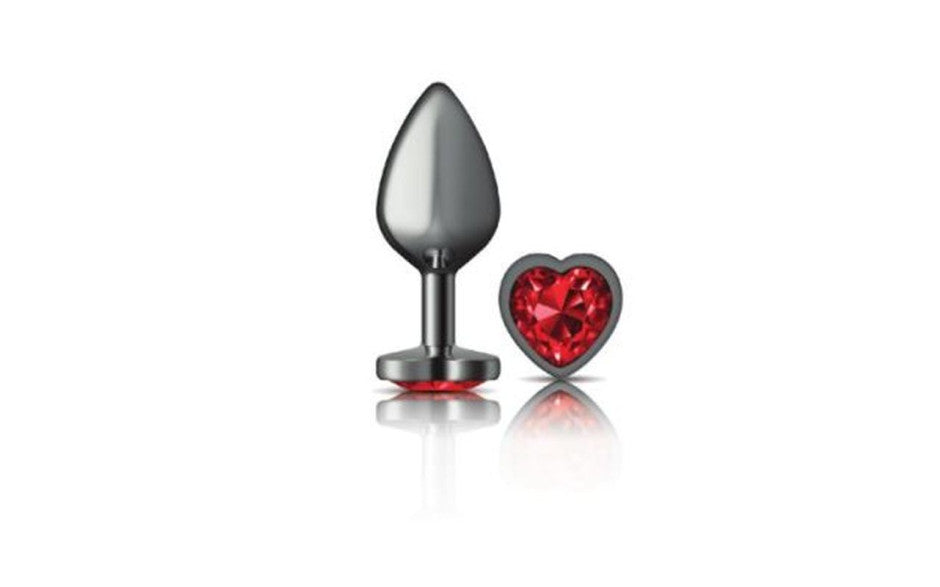 Cheeky Charms Gunmetal  Butt Plug w Heart Red Jewel Medium