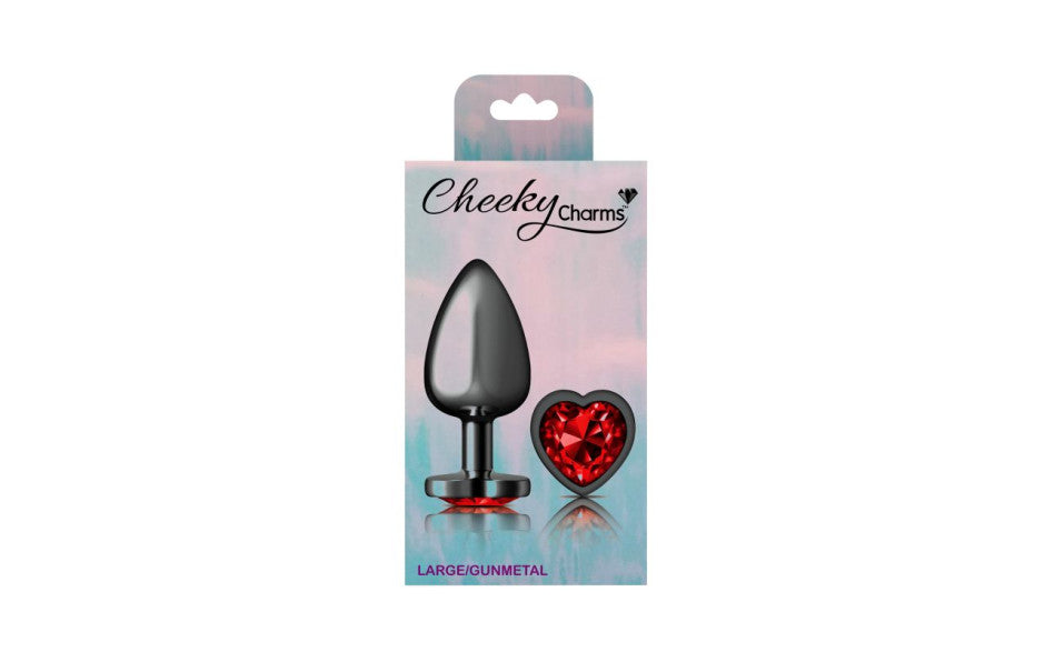 Cheeky Charms Gunmetal  Butt Plug w Heart Red Jewel Small