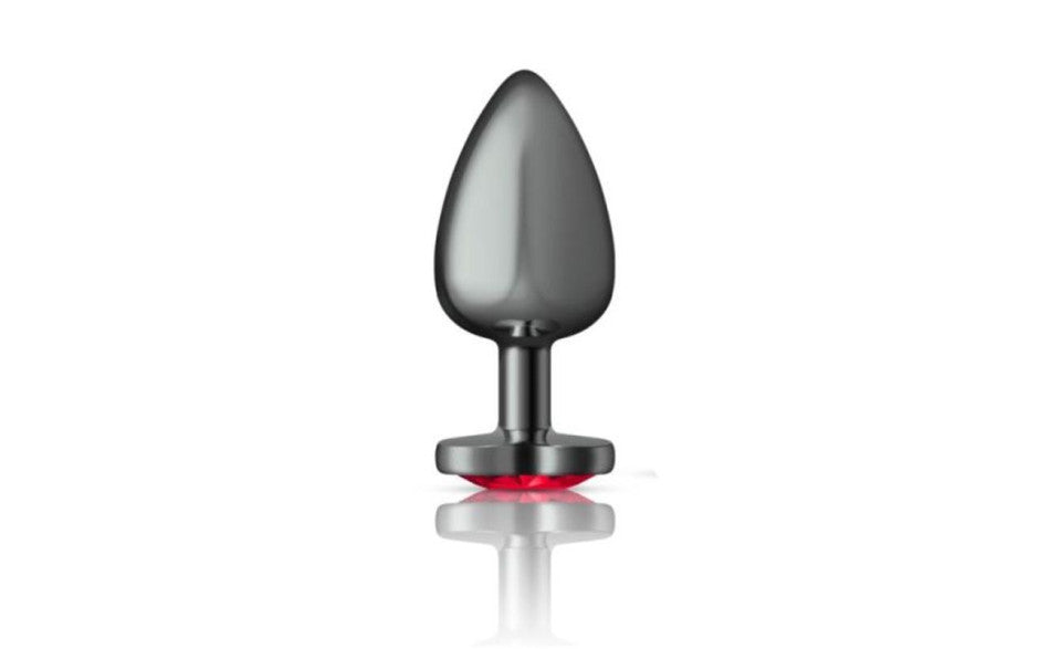 Cheeky Charms Gunmetal  Butt Plug w Heart Red Jewel Medium
