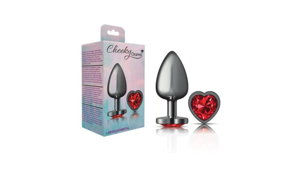 Cheeky Charms Gunmetal  Butt Plug w Heart Red Jewel Medium